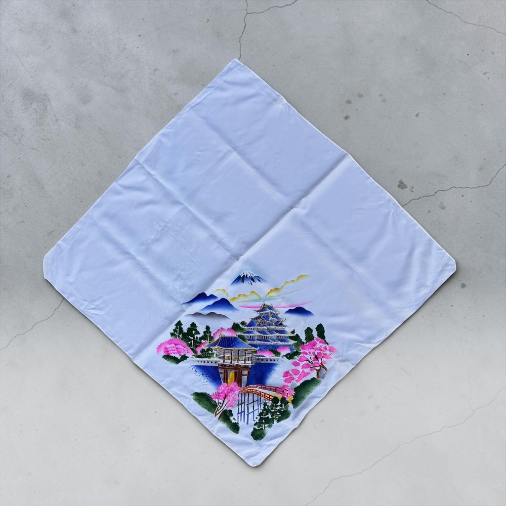 Vintage Japanese Pagoda Mount Fuji Cherry Blossom Square Scarf White Souvenir